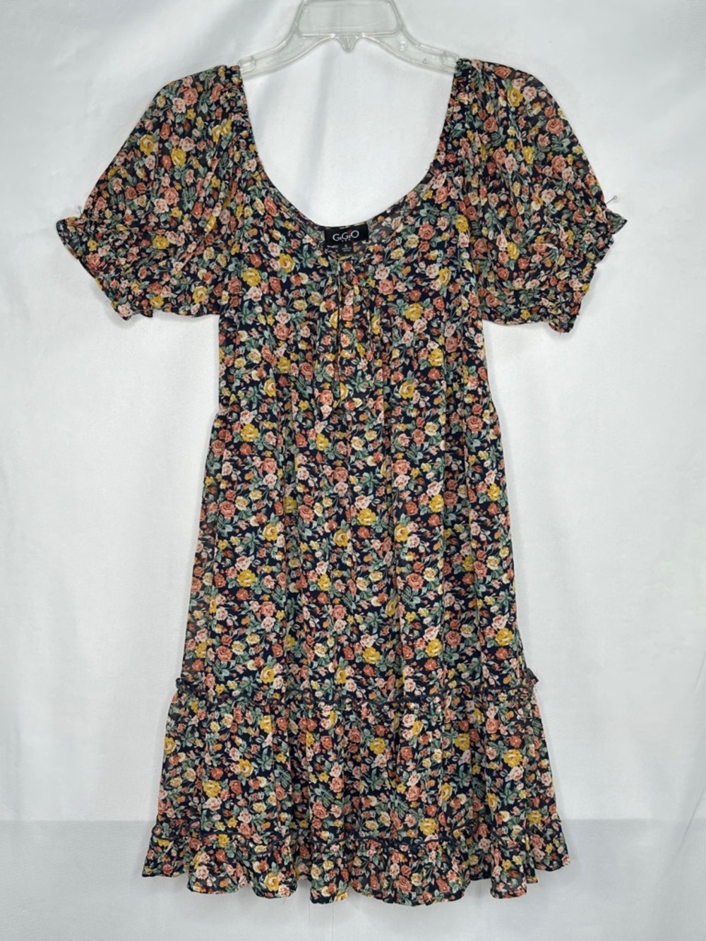 Gigio Ditsy Floral Babydoll Dress Scoop Neck Tie Ruffle Hem Bohemian Sz S